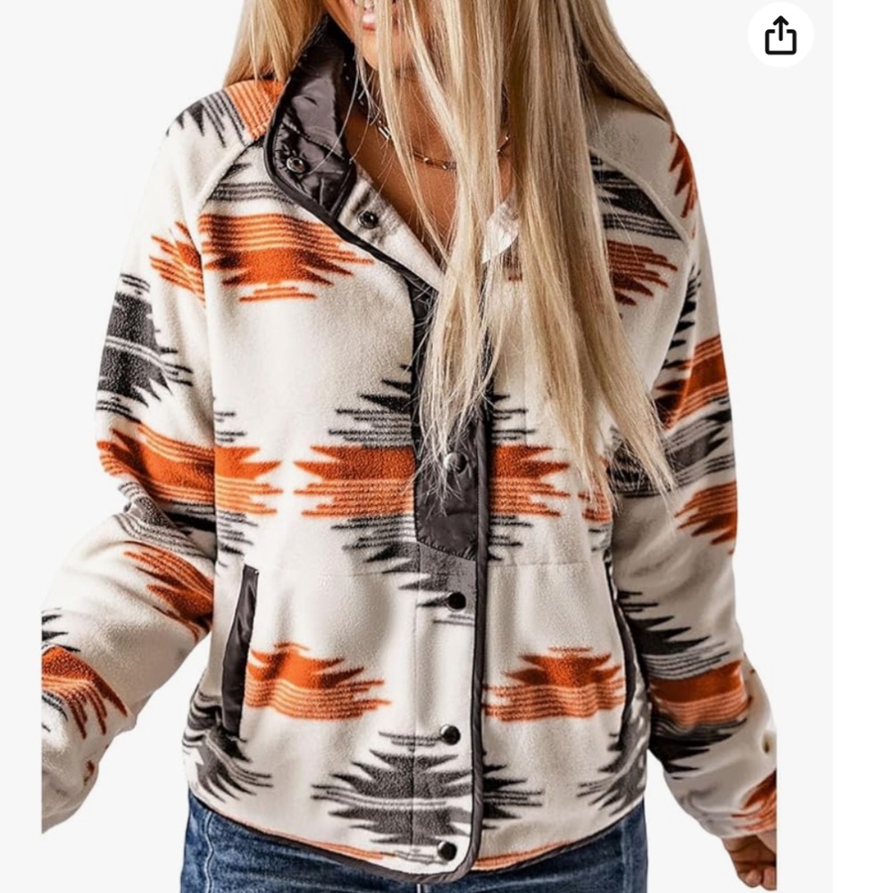 Womens Fleece Jacket Western Aztec Print Long Sleeve Snap Button Down in XL